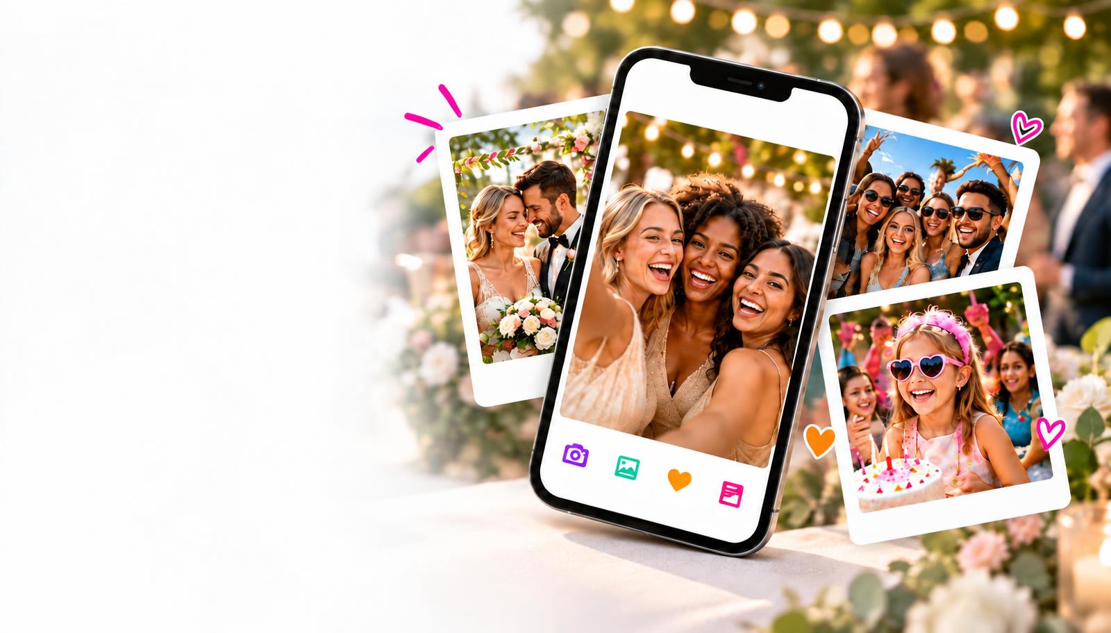 Friends capturing wedding memories on a phone, surrounded by personalized wedding and birthday photo cards